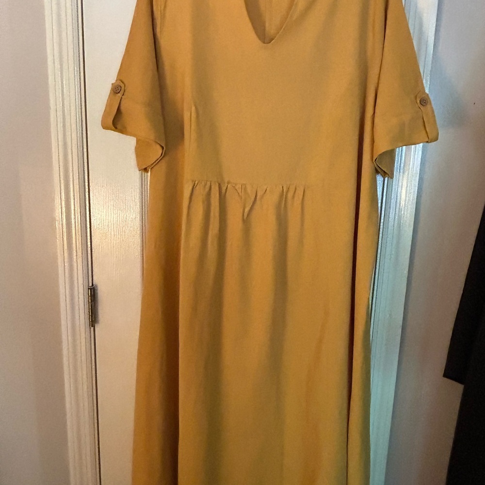 Gold Midi Sundress with V-Neck and Cuffed Sleeves